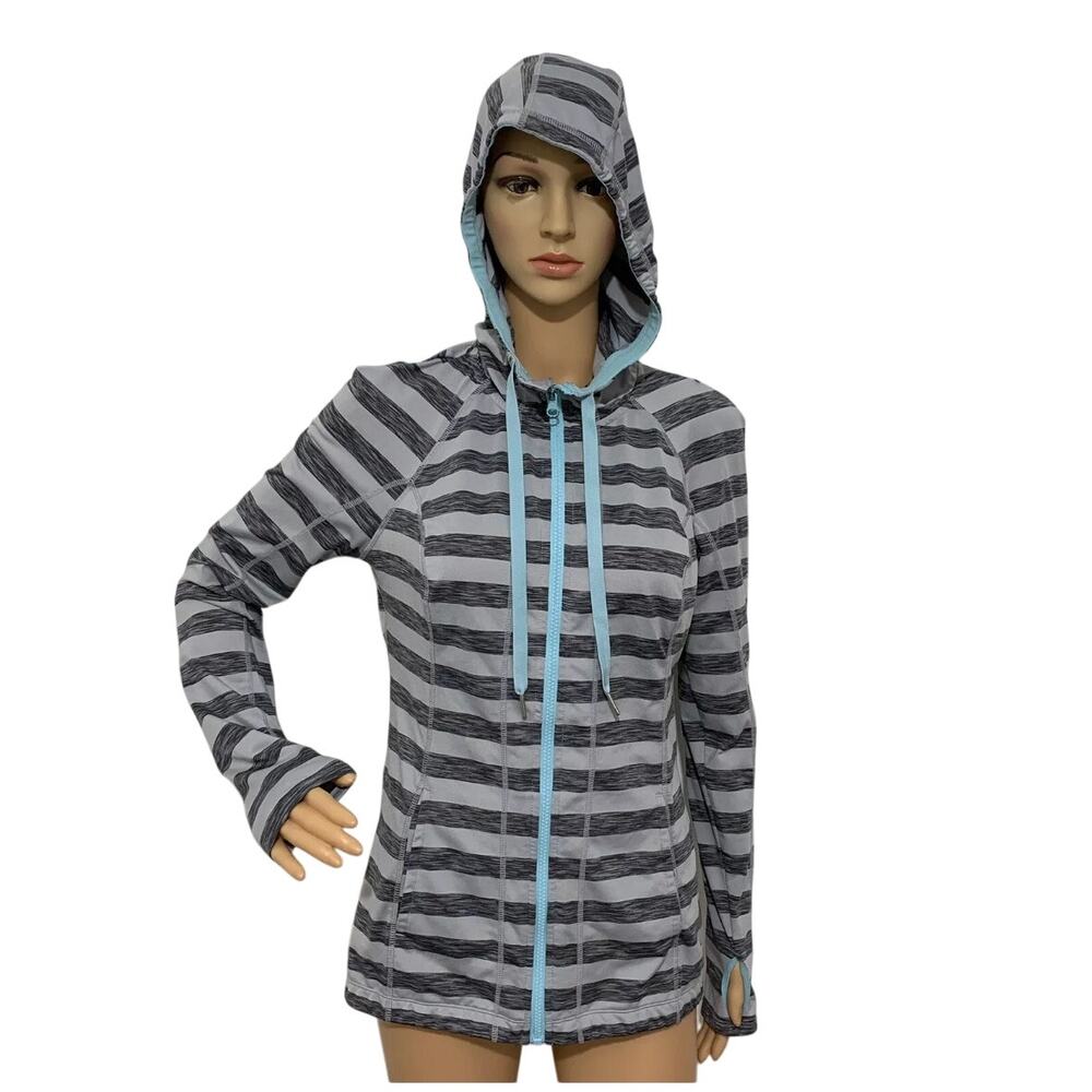 Lukka Large Gray Smoky Stripe Athletic Stretch Full Zip Hood Jacket